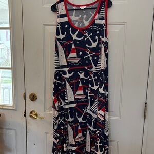 LuLaRoe Navy Nautical Star-Print Top with Red Neck Trim